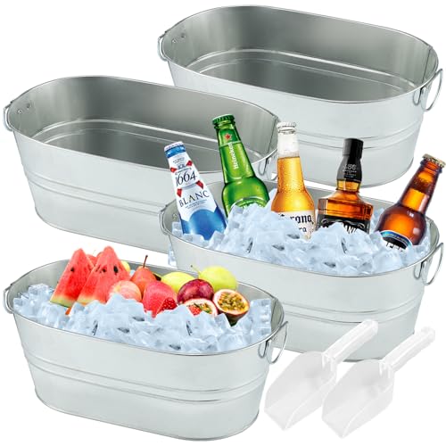 4PCS 4 Gallon Galvanized Tub Champagne Bucket with Carry Handle Large Metal Drink Buckets with Scoops for Home Bar Beer Ch...