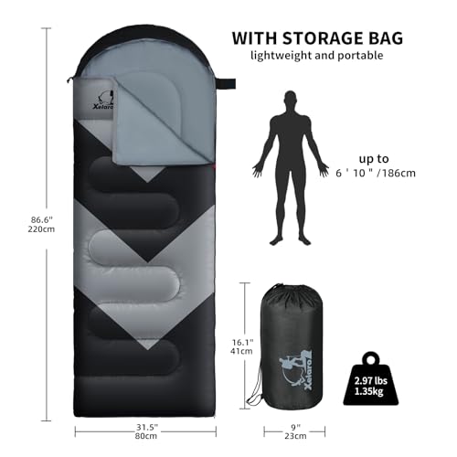 Sleeping Bag for Adults, Girls, Boys - 3 Season Warm & Cool Weather Lightweight Waterproof Camping Bag for Hiking, Outdoor...