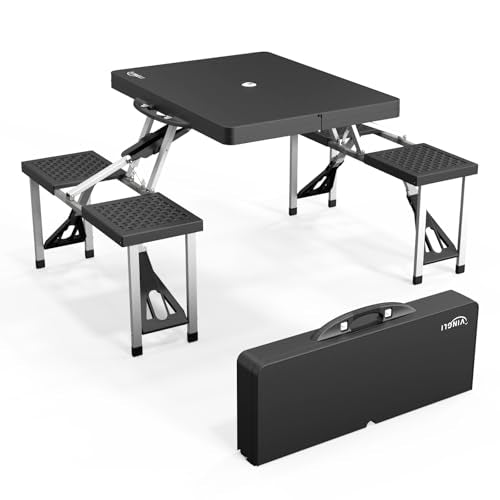 VINGLI 4Ft Portable Folding Picnic Table Camping Table Foldable Set with 4 Seats with Umbrella Hole Suitcase Card Table-22...