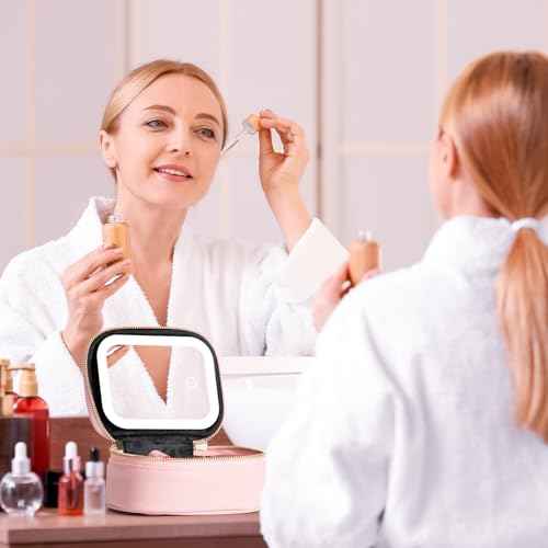 Small Makeup Bag with Led Mirror, Mini Travel Make up Bag 3 Light Modes Adjustable Brightness, for Women Organizer Cosmetic Bag, Portable Travel Train Toiletry Bag, for Pool Parties Work Touch-Ups