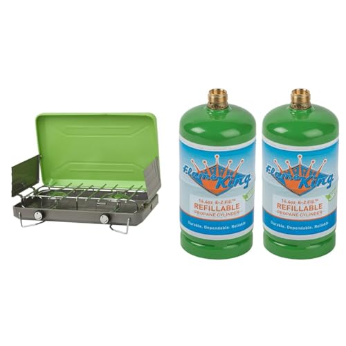 Flame King 2-Burner Camp Stove and (2) 1LB Refillable Propane Tanks for Outdoor Cooking, Backpacking, Hiking
