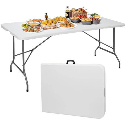 ZenStyle 6 ft Indoor Outdoor Heavy Duty Plastic Folding Table Portable Picnic Table Fold-in-Half Utility Table w/Handle an...