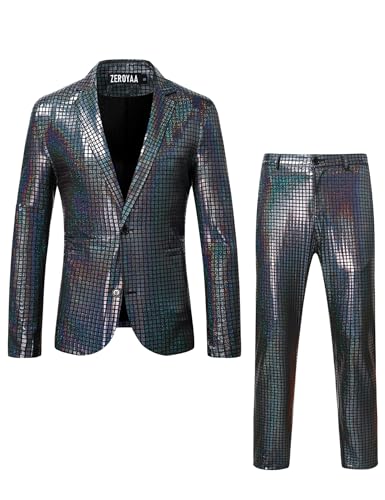 ZEROYAA Men's Metallic Shiny Suits Disco Sequin Blazer and Pants 2 Piece Sets for Party Prom