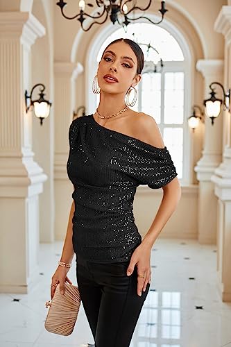 GRACE KARIN One Shoulder Sequin Sparkly Tops for Women Ruched Asymmetrical Glitter Tops Slimming Sparkle Party Shirts