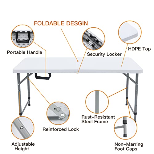 Lakhow Folding Table 4-Foot Heavy Duty Plastic Utility Table Portable Thick Table Top Indoor Outdoor Adjustable Height wit...