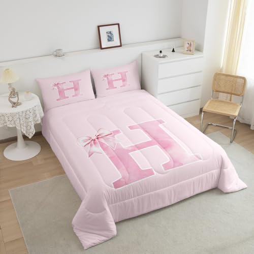 Erosebridal Bowknot Bedding Twin,Monogrammed Bows Comforter Set for Girls,Initial Birthday Gifts Quilt for Mom Daughter Sister,Unique Bedroom Room Decor,Luxury Soft(H)