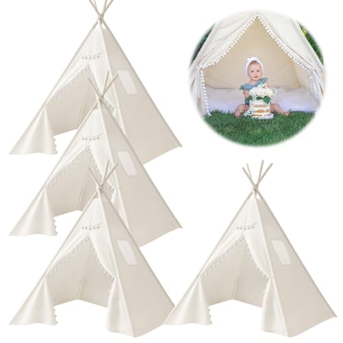 4 PCS Teepee Tent for Kids,Washable Tapered Kids Teepee Tent,Bohemian Teepee Tents,White Collapsible Sleepover Tents,for B...