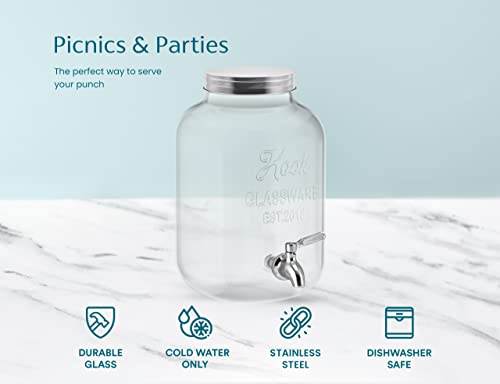 Kook Glass Drink Dispenser, with Leak-Proof Stainless Steel Spigot, Clear Mason Jar, Beverage Storage for Fridge, for Wate...