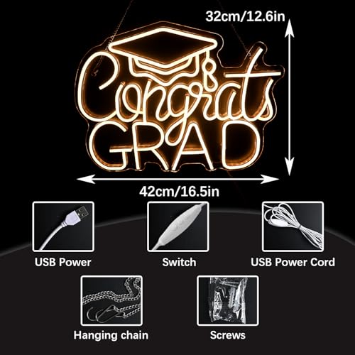 Congrats Grad LED Neon Sign, Graduation Party Decor, 16.5×12.6 Inch Warm White Grad Light Up Letters, Adjustable Congrats ...