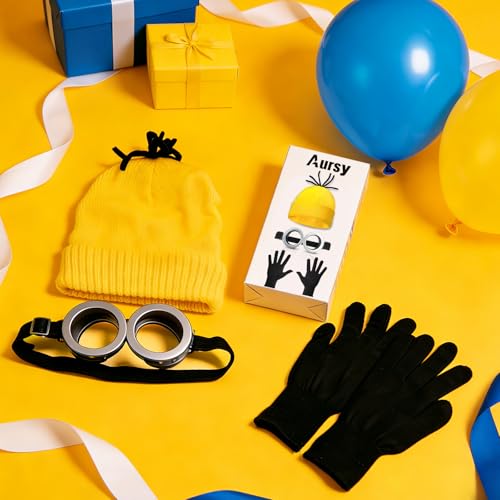 Aursy 3 PCS Easter Halloween Costumes for Men Women Adults, Yellow Beanie, Steampunk Goggles, Black Gloves, Party Set Deco...