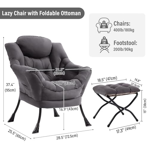 Lazy Chair with Ottoman, Modern Chair with Folding Footrest, Lounge Accent Chair, Comfortable Reading Chair, Oversized Arm...