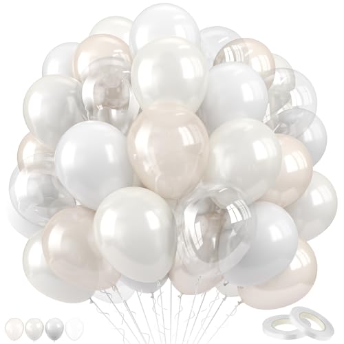 Pearl White Balloons Set, 60PCS Double Stuffed Pearl Balloons, 12 Inch Ivory Sand White Latex Transparent Clear Balloon He...