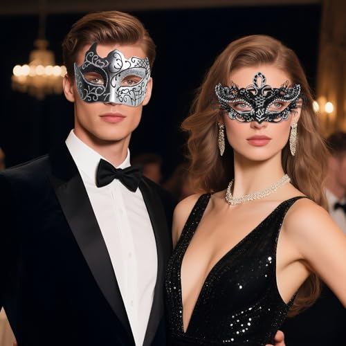 OIDEA Masquerade Mask Couples Set: Rhinestones Metal Cosplay Venetian Party Mask Halloween Costume Mardi Gras