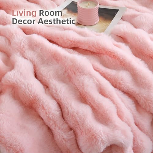 Smoofy Faux Fur Throw Blanket for Couch – Blush Pink Fluffy Cozy Rabbit Fleece, Plush Soft Bubble Blanket for Sofa & Bed, ...