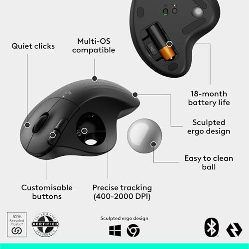 Logitech Ergo M575S Wireless Trackball Mouse, Wireless Ergonomic Mouse with Bluetooth and Encrypted Dongle, Comfortable Th...