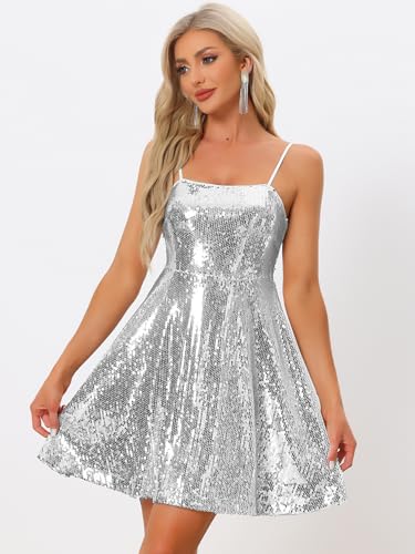 Allegra K Women Sequin Mini Dresses Party Club Adjustable Spaghetti Strap Festival Outfits Sparkly Disco Dress