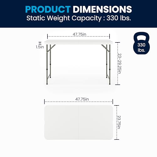 Flash Furniture 4' Rectangular Plastic Folding Event Table with Adjustable Legs and Carrying Handle, Bi-Fold Portable Banq...