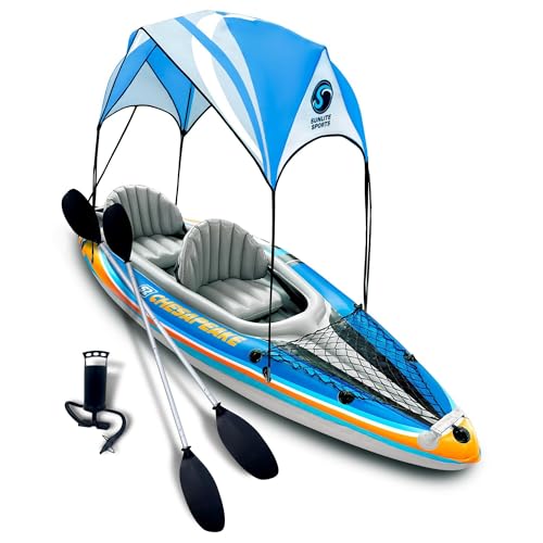 Sunlite Sports 2-Person Inflatable Kayak with Aluminum Oars (136" x 33"), High Output Air Pump and Storage Bag, Double Tan...