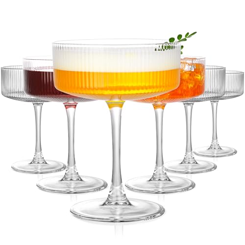 Amyoole Vintage Ribbed Coupe Glasses Set of 6-11oz Clear 100% Crystal Martini Glasses Elegant Cocktail Glasses, Transparen...