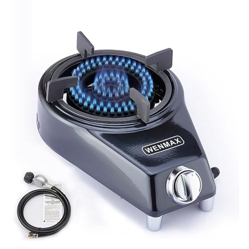 WENMAX Single Burner Propane Stove, Portable Gas Stove with Propane Adapter Hose, High Heat Value 15000 BTU, Smart Valve P...