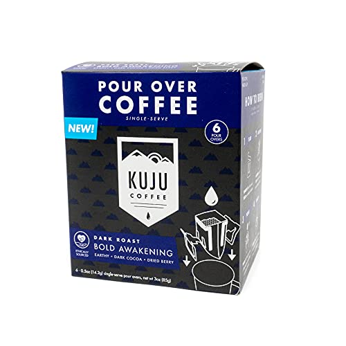 Kuju Coffee Premium Pour Over Camping Coffee Singles - 6 Pack Bold Awakening, Dark Roast - Superior Instant Coffee Packets...
