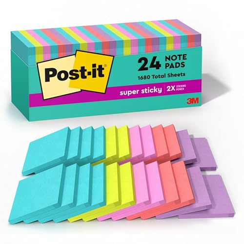 Post-it Super Sticky Notes, 24 Sticky Note Pads, 3 x 3 in., Ideal for Organization in Your Dorm, Home or Office, 2X The St...