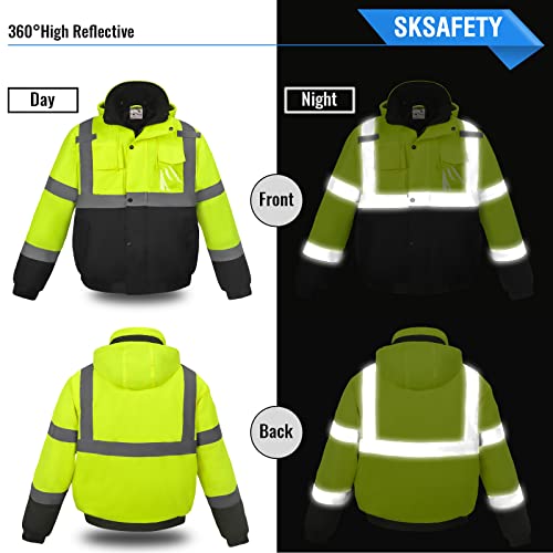 SKSAFETY High Visibility Reflective Jackets for Men, Waterproof Class 3 Safety Jacket with Pockets, Hi Vis Yellow Coats wi...