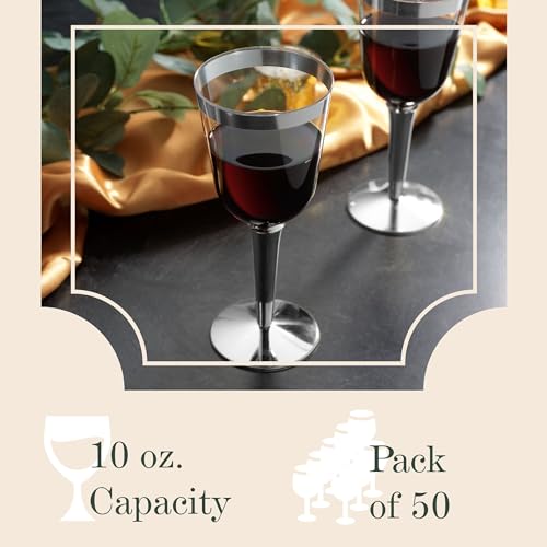 BloominGoods 50 Silver Rimmed Disposable Plastic Wine Glasses | Large 10 oz. Premium Clear Hard Plastic Fancy Wine Cups fo...