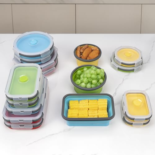 Collapsible Food Storage Containers with Lid & Air Vent, 16 Pack, 8 Rectangular + 8 Round, Annaklin Foldable Silicone Lunc...