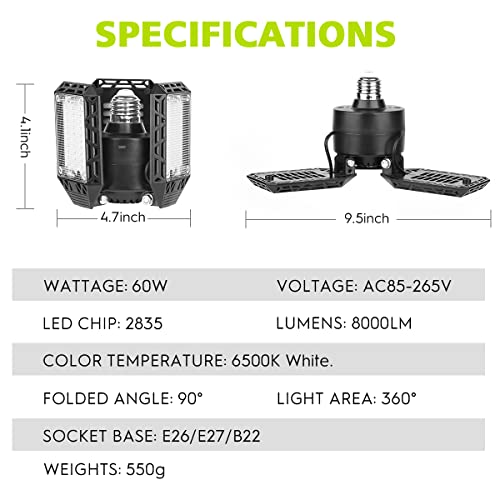 4 Pack Led Garage Lights, 60W Deformable Garage Ceiling Light 8000 lm E26 Basement Lights with 3 Adjustable Led Panels, Fi...