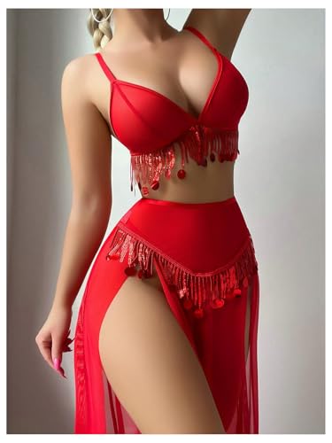 OYOANGLE Women's Sequin Lingerie Rave Outfits for Festival High Waist Split Maxi Skirt Set