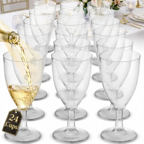 JoyServe 24 Plastic Wine Glasses Disposable - 7 Oz Clear BPA-Free Plastic Glasses with Stem, Reusable Party Wine Cups for ...