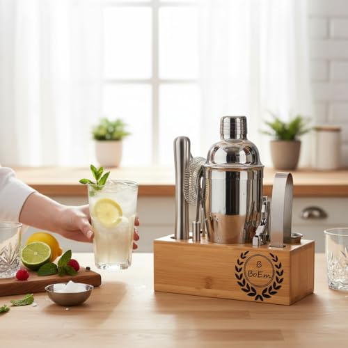 Personalized Cocktail Shaker Set with Stand — Engraved Bartender Kit w/Jigger, Strainer, Spoon & Pourer — Custom Bar Mixol...