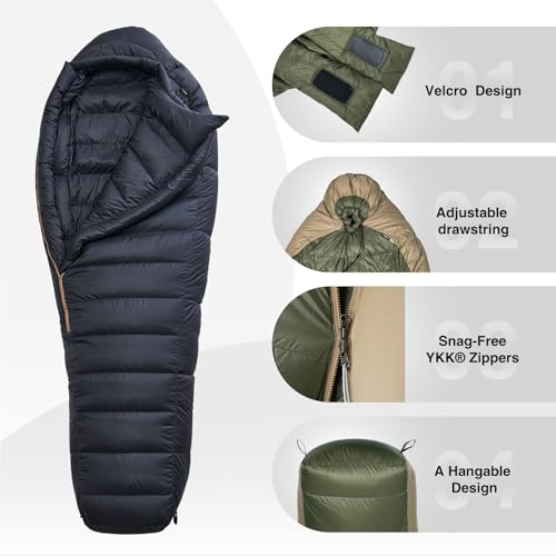 OneTigris Black Nordic Defender 2.0 Version - 5℉ Down Sleeping Bag Winter- Ultralight Backpacking Puffy 800 Fill Power 700...