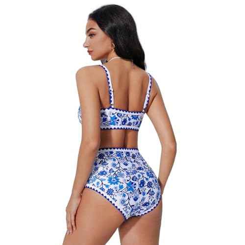SUUKSESS Women High Waisted Bikini Set Floral Print Color Block 2 Piece Swimsuit