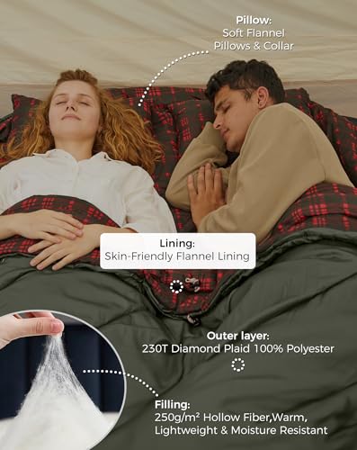 KingCamp Double Sleeping Bag for Adults, Queen Size 2 Person XXL Flannel Sleeping Bag, Waterproof Lightweight Flannel Quil...
