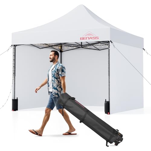 Benass 10x10 Pop Up Canopy Tent with 8 Reinforced Steel Wire Ropes, Heavy Duty Instant Canopies with 3 Removable Sidewall...