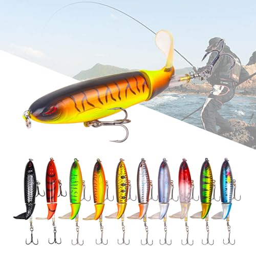 RTGSE 10Pcs Whopper Fishing Lure for Bass Popper Top Water Fishing Lures with Floating Rotating Tail Barb Treble Hooks in ...