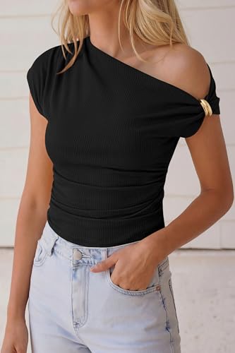 PRETTYGARDEN Womens Summer Off The Shoulder Crop Tops Ribbed Going Out Fitting T Shirts Trendy Spring Y2k Clothes 2026