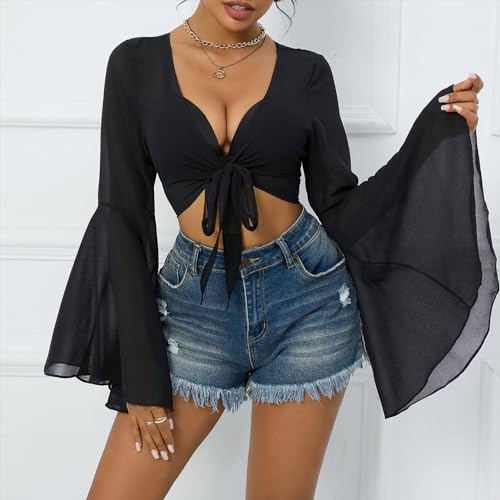 Mesh Tops for Women Bell Sleeve Rave Outfits Tie Front Crop Top Long Sleeve Shirt Sheer Blouse Festival
