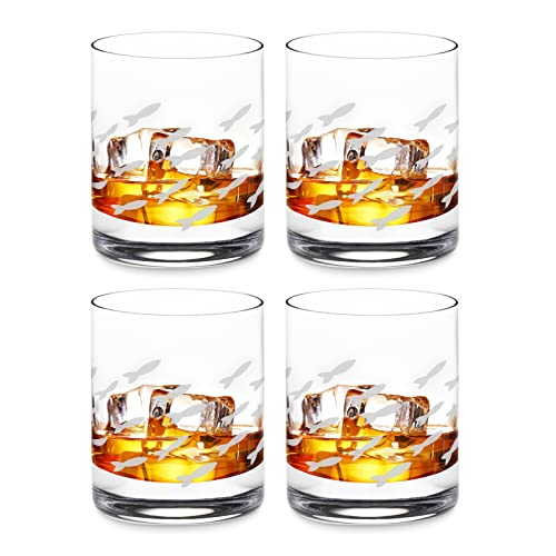 Wine Savant Old Fashion Drinking Glasses - Fish Wine Glasses for White & Red Wine, Whiskey or Water - Individually Sand Et...