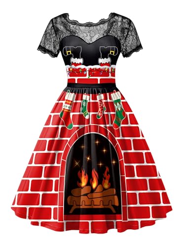 Women's Christmas Lace Short Sleeve Holiday A Line Knee Length Dress