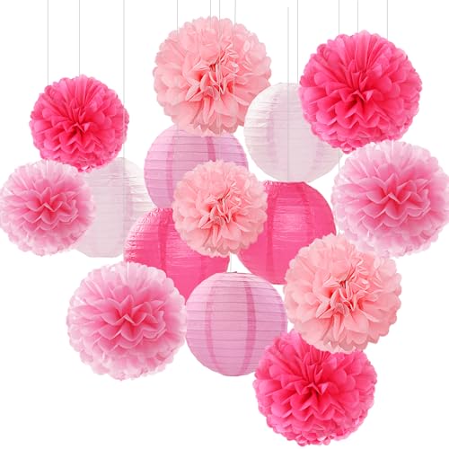 Light-Hot Pink Party-Decorations Paper-Flowers Lanterns - 15pcs Graduation Girl Birthday Decor Tissue Pom Poms Streamers, ...