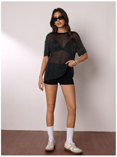OYOANGLE Women's Sparkle Glitter Sheer See Through Top Short Sleeve Loose Casual Shiny Tshirt Mesh Shirt Blouse