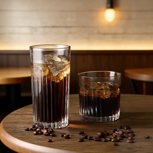 Laerjin Drinking Glasses Set of 8, 12 oz Highball Glasses & 10 oz Cocktail Glasses Set, Ribbed Glass Cups,Thick Glass Cup...