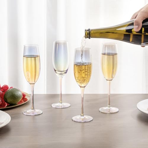 MyGift 7 oz Iridescent Stemmed Champagne Flute Glasses, Bubble Tone Rainbow Party Toasting Glasses, Set of 4