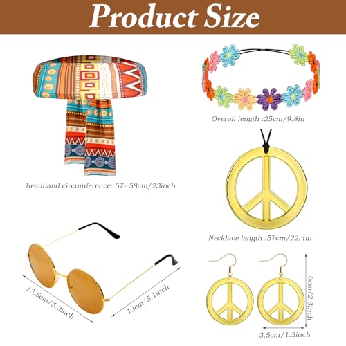 Mukum 8 PCS 60s Women Hippie Costume, 70s Hippie Outfits with Tops and Flared Pants Glasses Necklace Set for Christmas