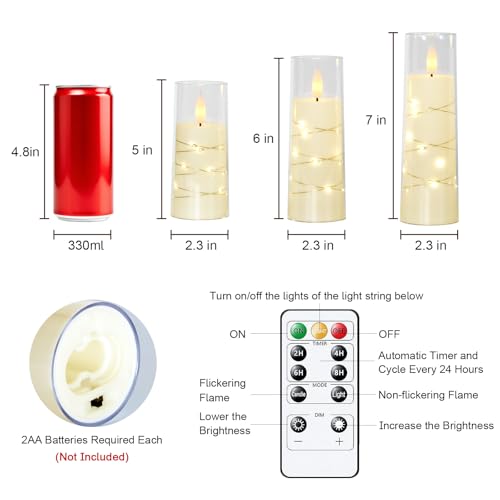 Raycare Flameless Candle with Remote Timer, 3 Flickering Acrylic Battery Operated LED Pillar Candles with Embedded Star St...