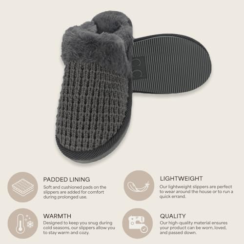 C.C Pattern Knitted Slip-On Slippers With Faux Fur Lining Indoor-Outdoor House For Women