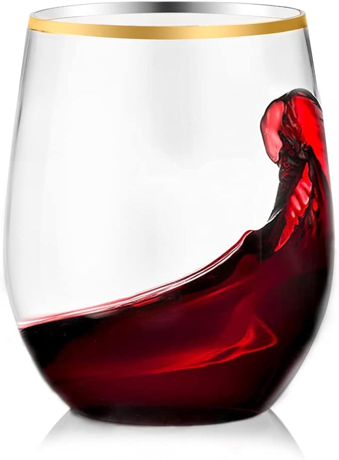 SUT 32 Pack 12oz Gold Rimmed Plastic Wine Glasses Stemless, Disposable Wine Cups with Premium Quality, Reusable, Unbreakab...